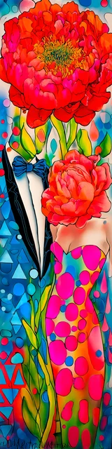 Free colorful bookmark showing a couple with stylized flower faces
